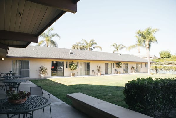 Courtyard view with palm trees and resident rooms