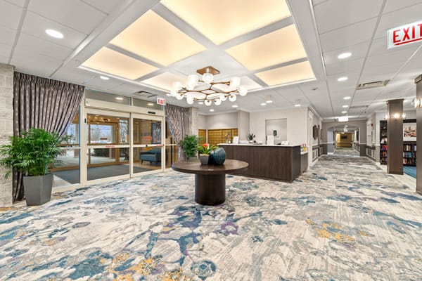 Bright and welcoming lobby area of a senior living facility