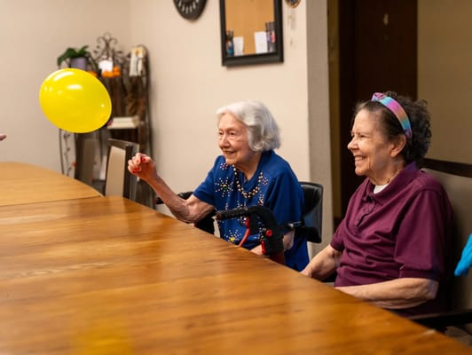Two elderly women enjoying a game with a balloon