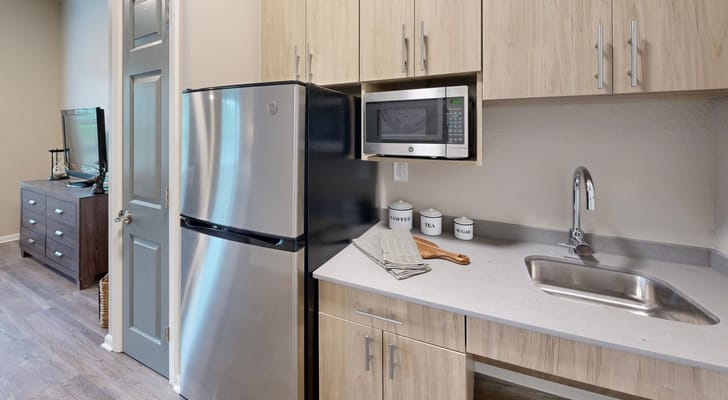 Interior view of a kitchenette in a resident unit