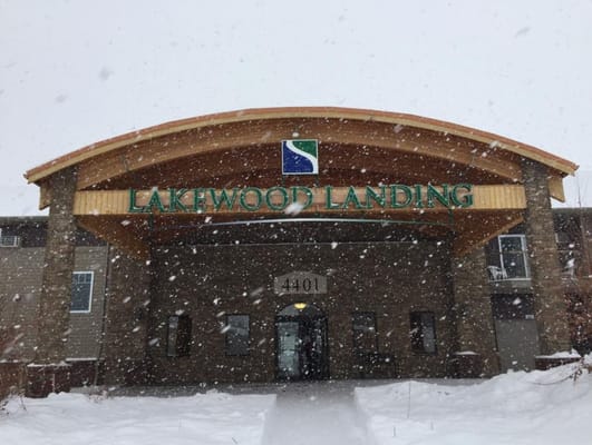 Exterior view of the Lakewood Landing entrance in snow