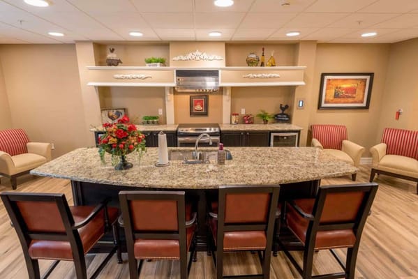 Interior view of a cozy common area with kitchen island