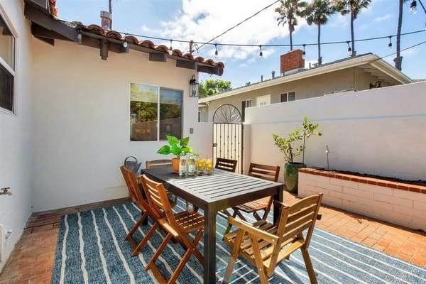Outdoor dining area with seating and plants
