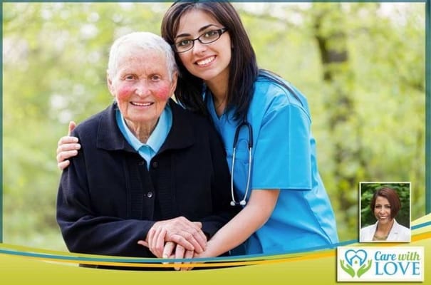 A caregiver with a resident in an outdoor space