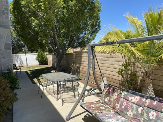 A peaceful patio with a swing and table surrounded by greenery.