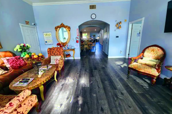 Interior view of a cozy common area with seating