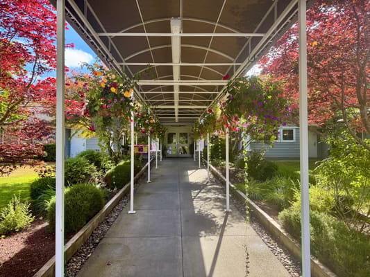 Pathway with flowers leading to a facility entrance