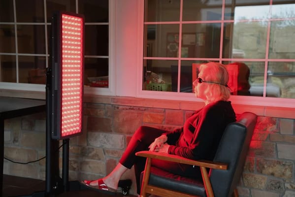 A resident undergoing a light therapy session in the facility