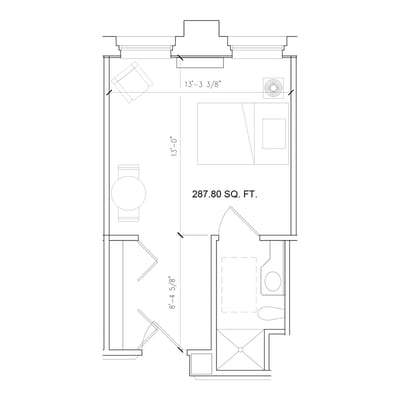 Detailed architectural floor plan of a resident room