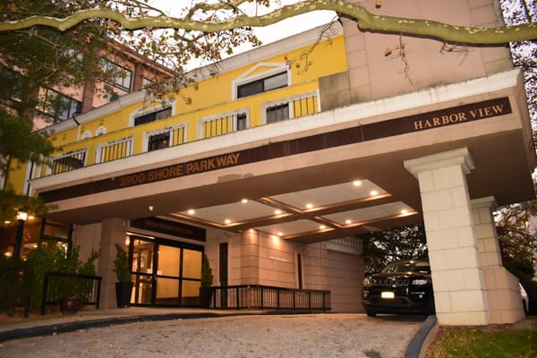 Exterior view of Harbor View entrance at dusk