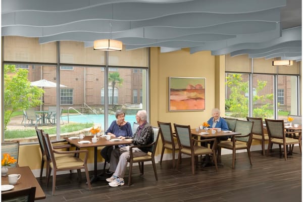 Residents enjoying a meal in the dining room with outdoor views