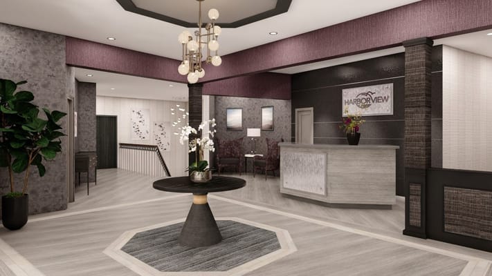 Interior view of Harbor View Home lobby with reception area