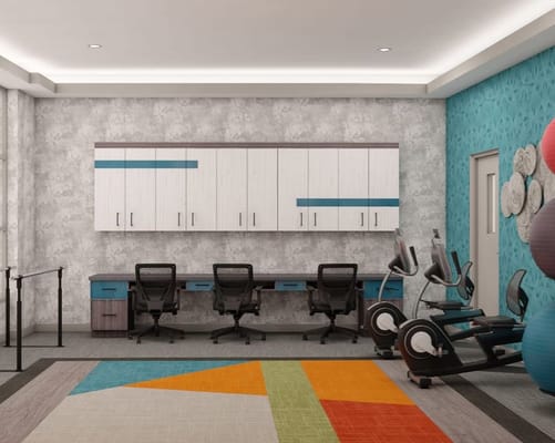 Interior fitness area with exercise equipment