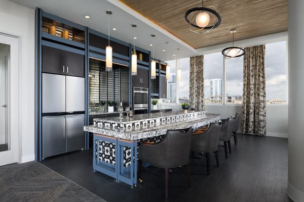 Modern common area with a stylish kitchen counter