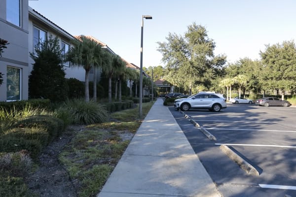 View of the parking area and walkway at The Windsor at San Pablo.