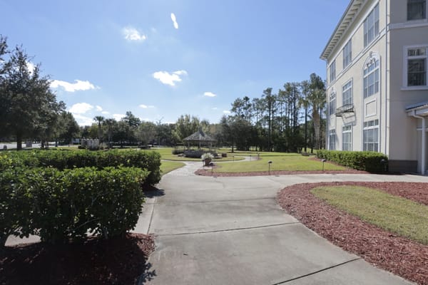 Outdoor view of a landscaped area with a gazebo