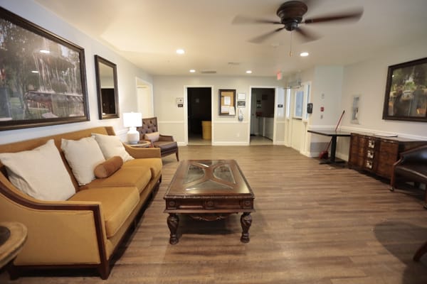 Cozy common area with seating and coffee table
