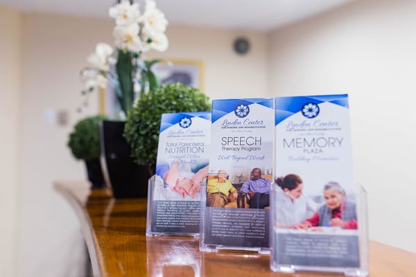 Pamphlets on a reception desk in a lobby area
