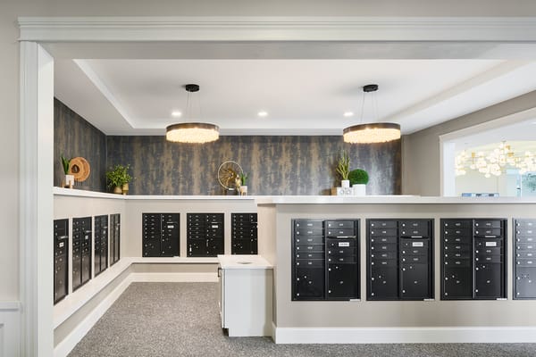 Interior view of a facility mail area with lockers