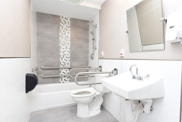 Accessible bathroom with grab bars and a shower