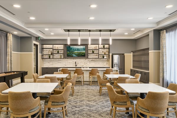 Bright lobby area with seating and decor