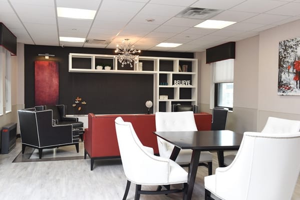 Bright common area with modern furniture and decor