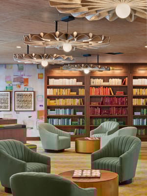 Interior view of a cozy library with seating