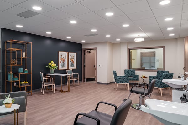 Interior of a modern salon area in a senior living facility