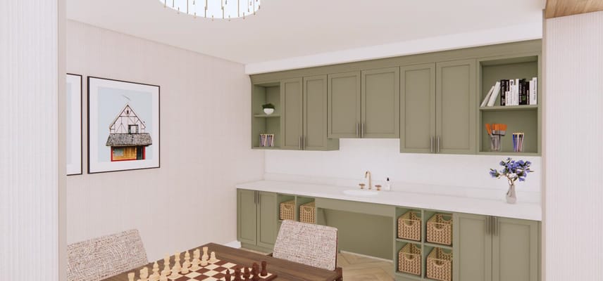 Common area with a chess table and modern decor