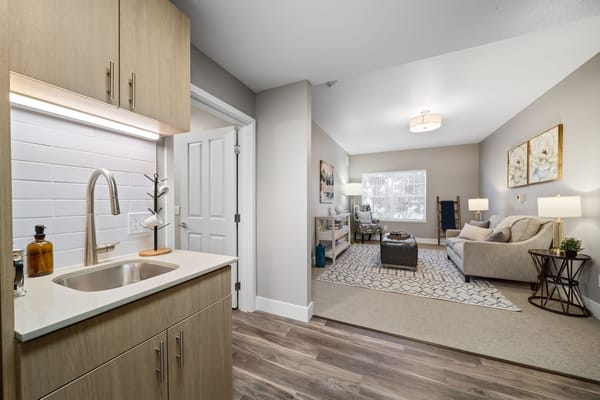 View of a comfortable resident room with kitchenette