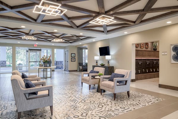 Bright and modern lobby area with seating