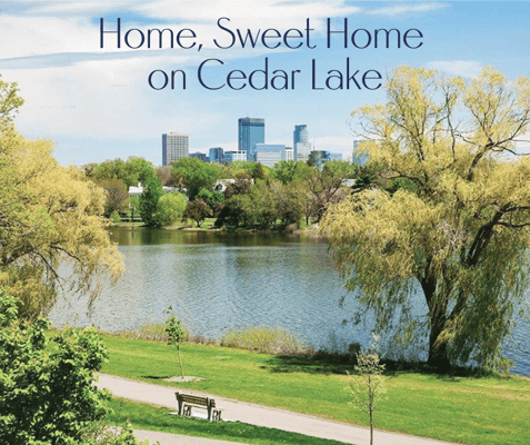 Scenic view of Cedar Lake with trees and city skyline