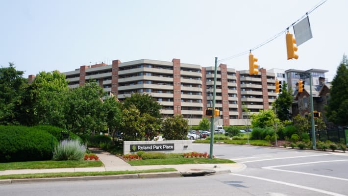 The exterior view of Roland Park Place senior living facility