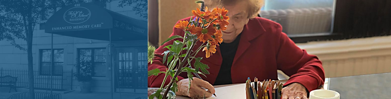 Resident engaged in an art activity with flowers