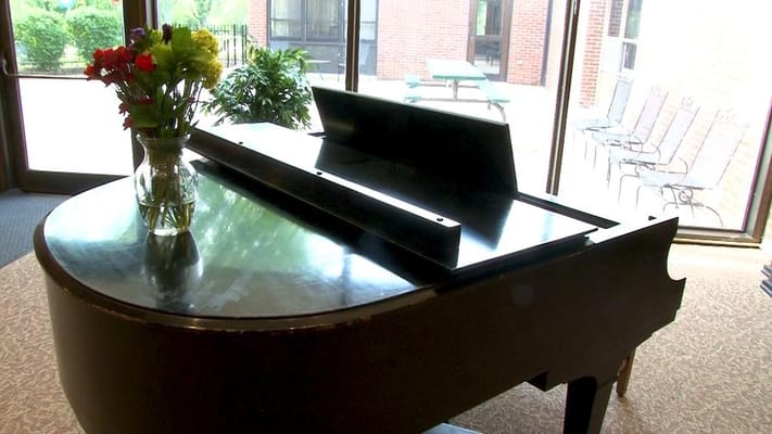 Piano in a common area with flowers and outdoor view