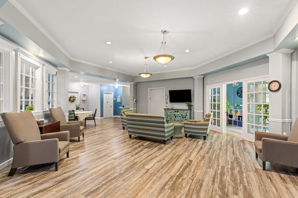 Bright lobby area with seating and decor