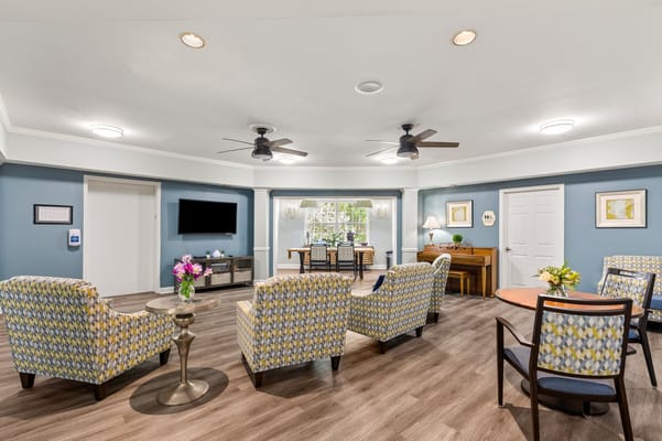 Interior view of a common area with seating and decor