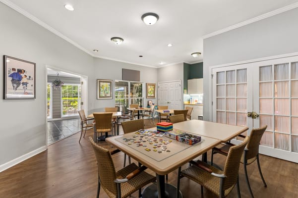 Activity room with tables and games set up