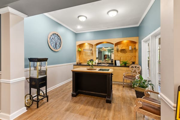 Reception area of a senior living facility with light decor