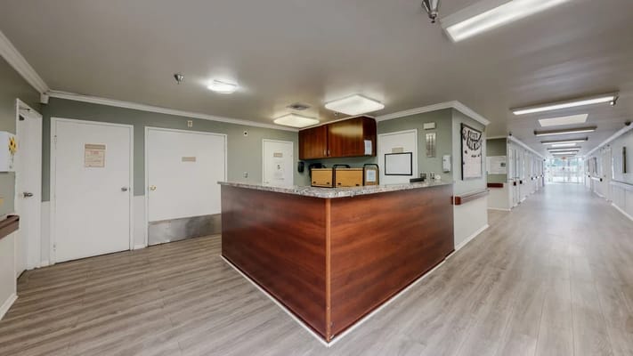 Reception area viewed from the lobby inside the facility