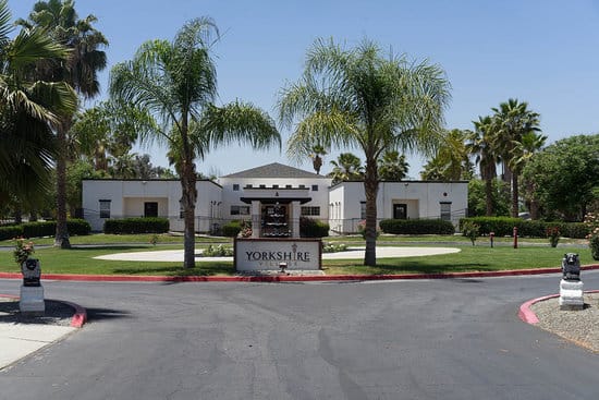 Exterior view of Yorkshire Village with palm trees