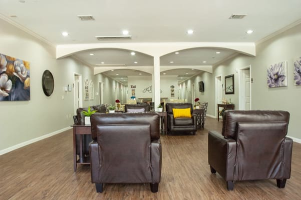 Interior view of a cozy common area with seating