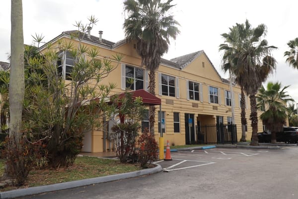 Exterior view of the facility with palm trees
