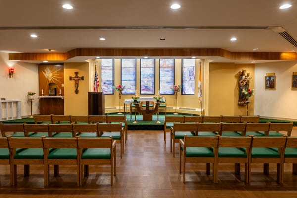 Interior view of a chapel with seating