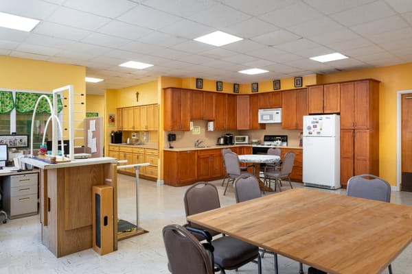Interior view of a kitchen and dining area