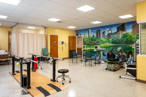 Rehabilitation room with exercise equipment and mural