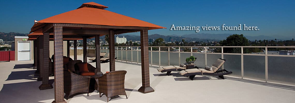 Outdoor seating area with views and shaded structures