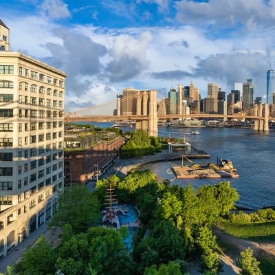 Aerial view of Downtown Brooklyn with the nursing facility beside the waterfront