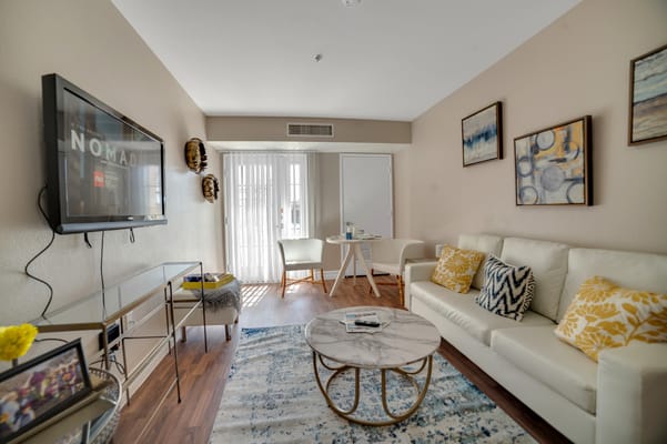 Bright living room with modern furniture and décor