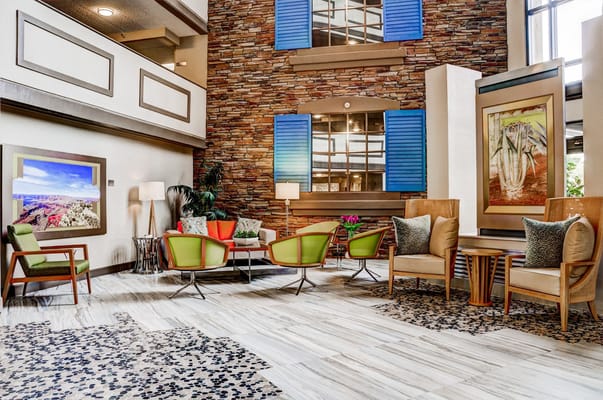 Bright and inviting common area with seating and decor